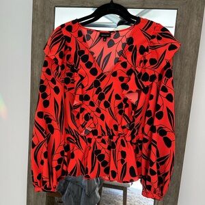 Who What Wear Orange/Red and Black Floral Blouse